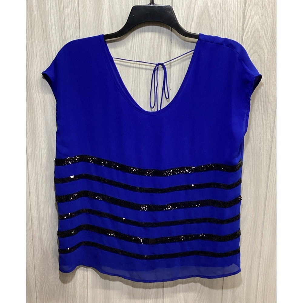 A.N.A. Women's (Size L) Short Sleeve Scoop Tie Neck Shirt Sequin Accent (2C)